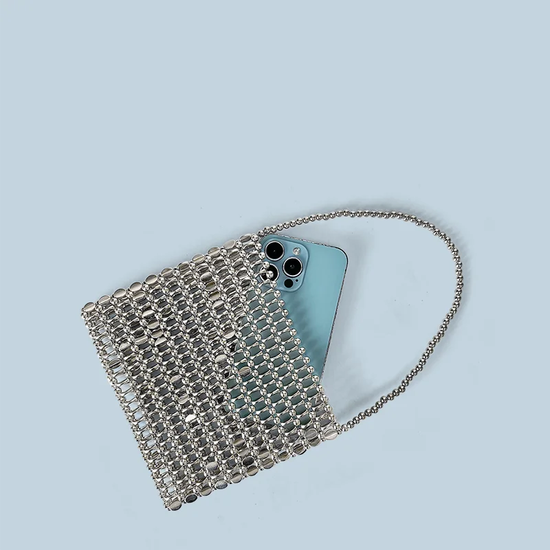 Shining Ins Metal Silver Handmade Bead Bag Bead Glitter Handmade Woven Phone Bag