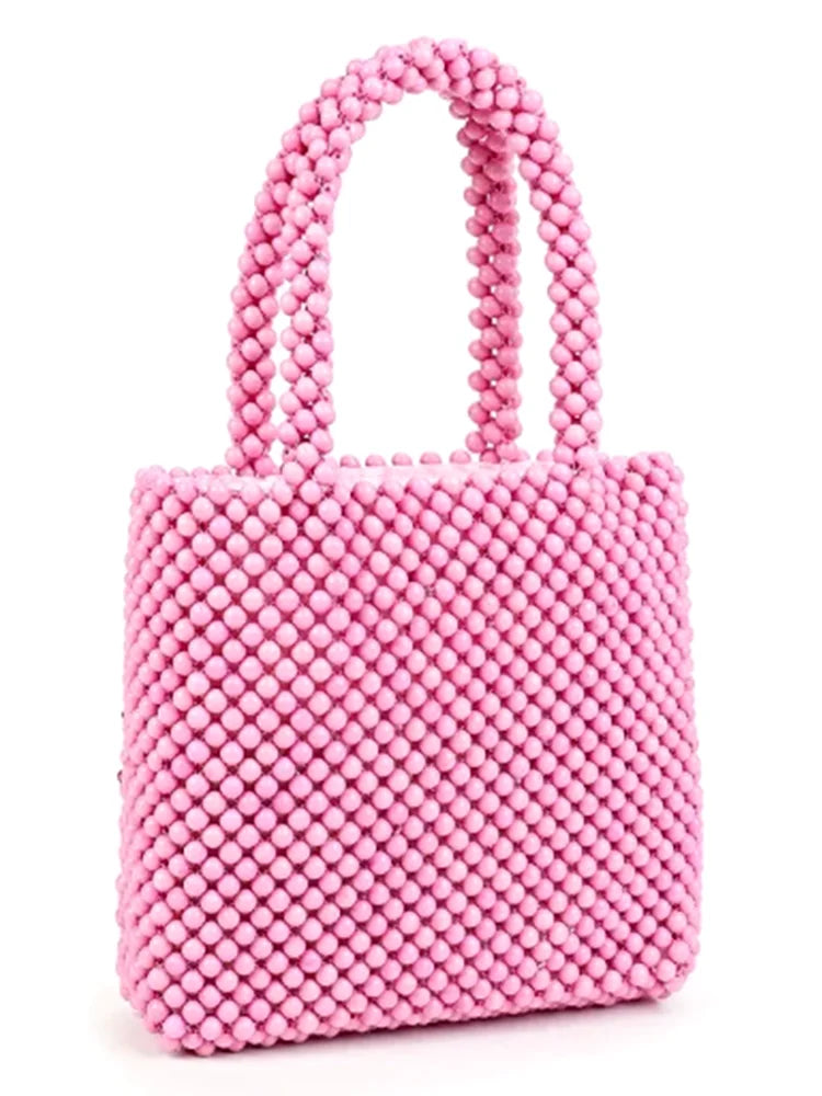 Trendy Fashionable Luxury Pink Beaded Bucket Purse