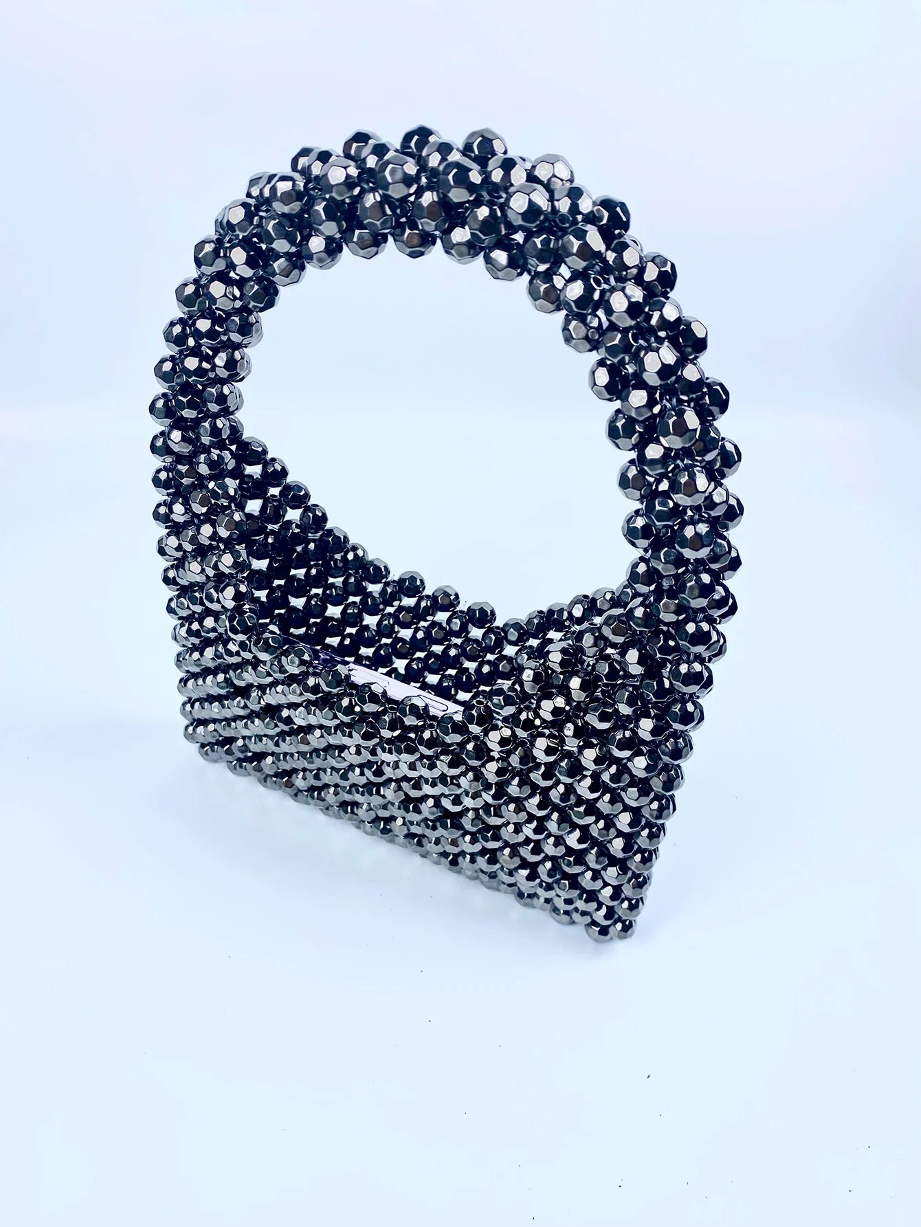 Trendy Stylish Dark Gray Beaded Bucket Purse