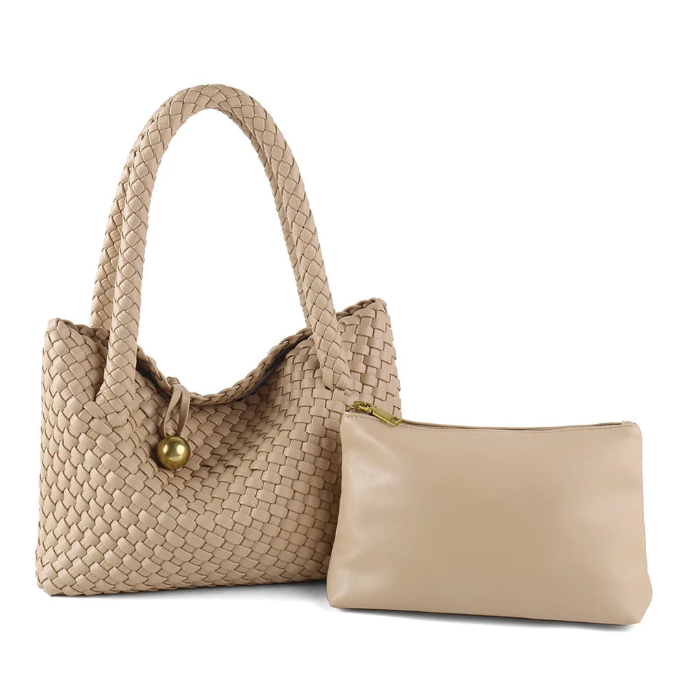 ZR DIARY Fashion Woven Bag Women PU Leather Single Shoulder Bag Retro Golden Bead Decor Hand Carry Women's Bag BZ2469