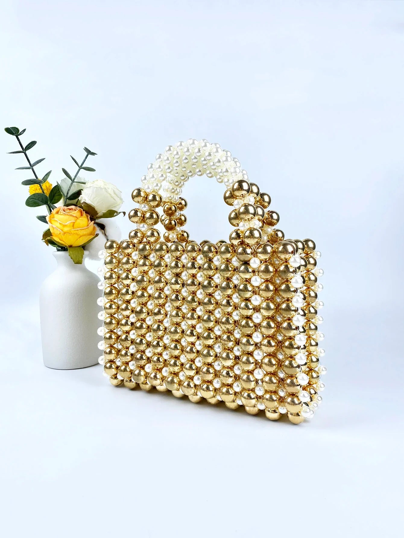 Advanced mobile phone bag with gold round beads, acrylic handheld beaded handmade women's bag, fashionable casual dinner bag