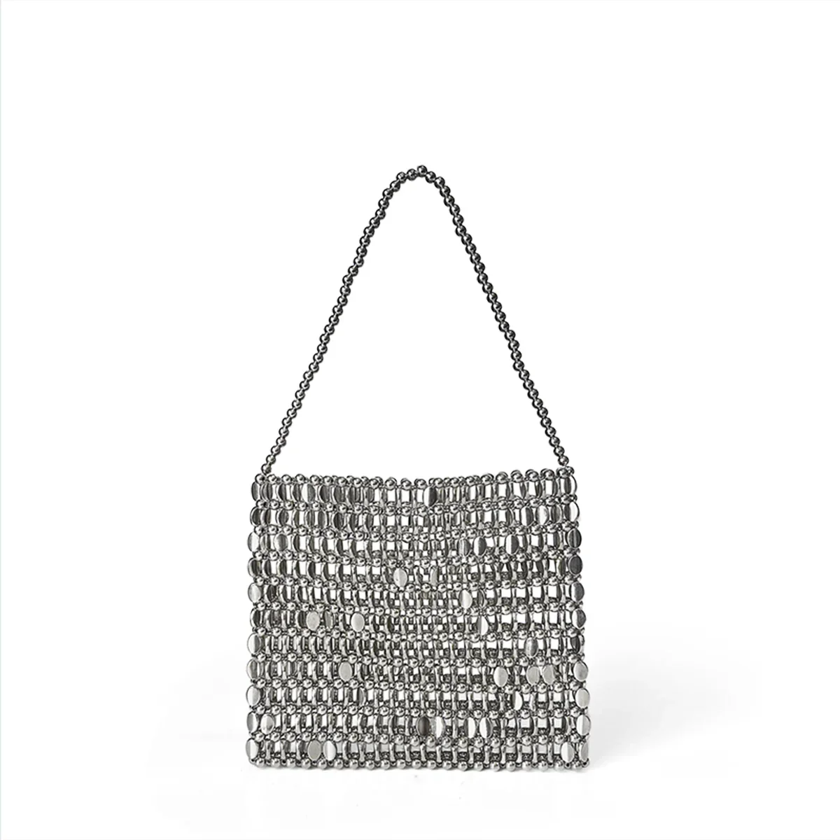 Shining Ins Metal Silver Handmade Bead Bag Bead Glitter Handmade Woven Phone Bag