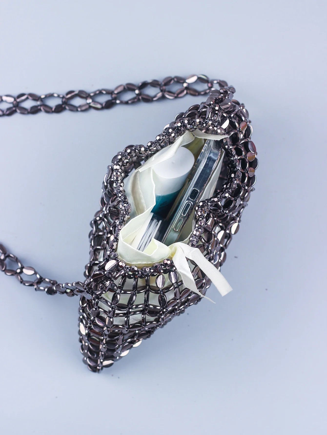 Elegant Handmade Silver And Gold Beaded Dumpling Handbag