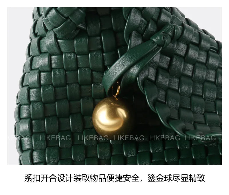 ZR DIARY Fashion Woven Bag Women PU Leather Single Shoulder Bag Retro Golden Bead Decor Hand Carry Women's Bag BZ2469