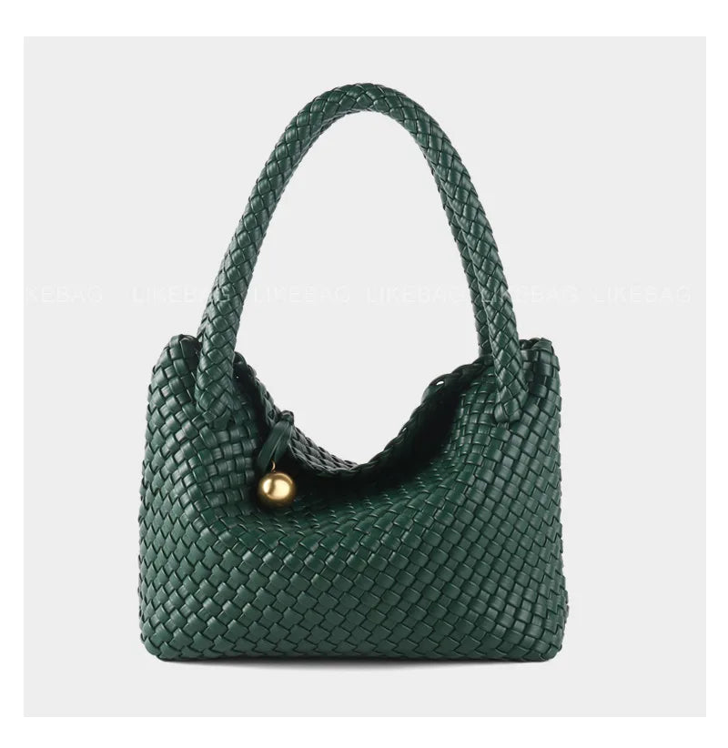 ZR DIARY Fashion Woven Bag Women PU Leather Single Shoulder Bag Retro Golden Bead Decor Hand Carry Women's Bag BZ2469