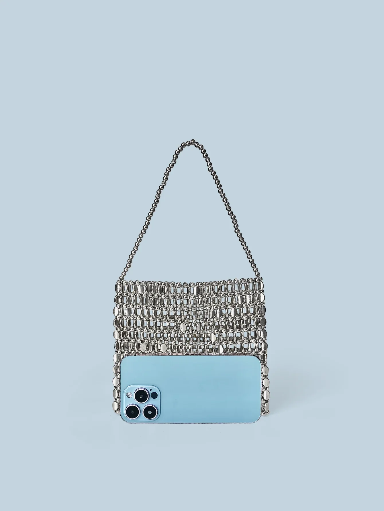 Shining Ins Metal Silver Handmade Bead Bag Bead Glitter Handmade Woven Phone Bag