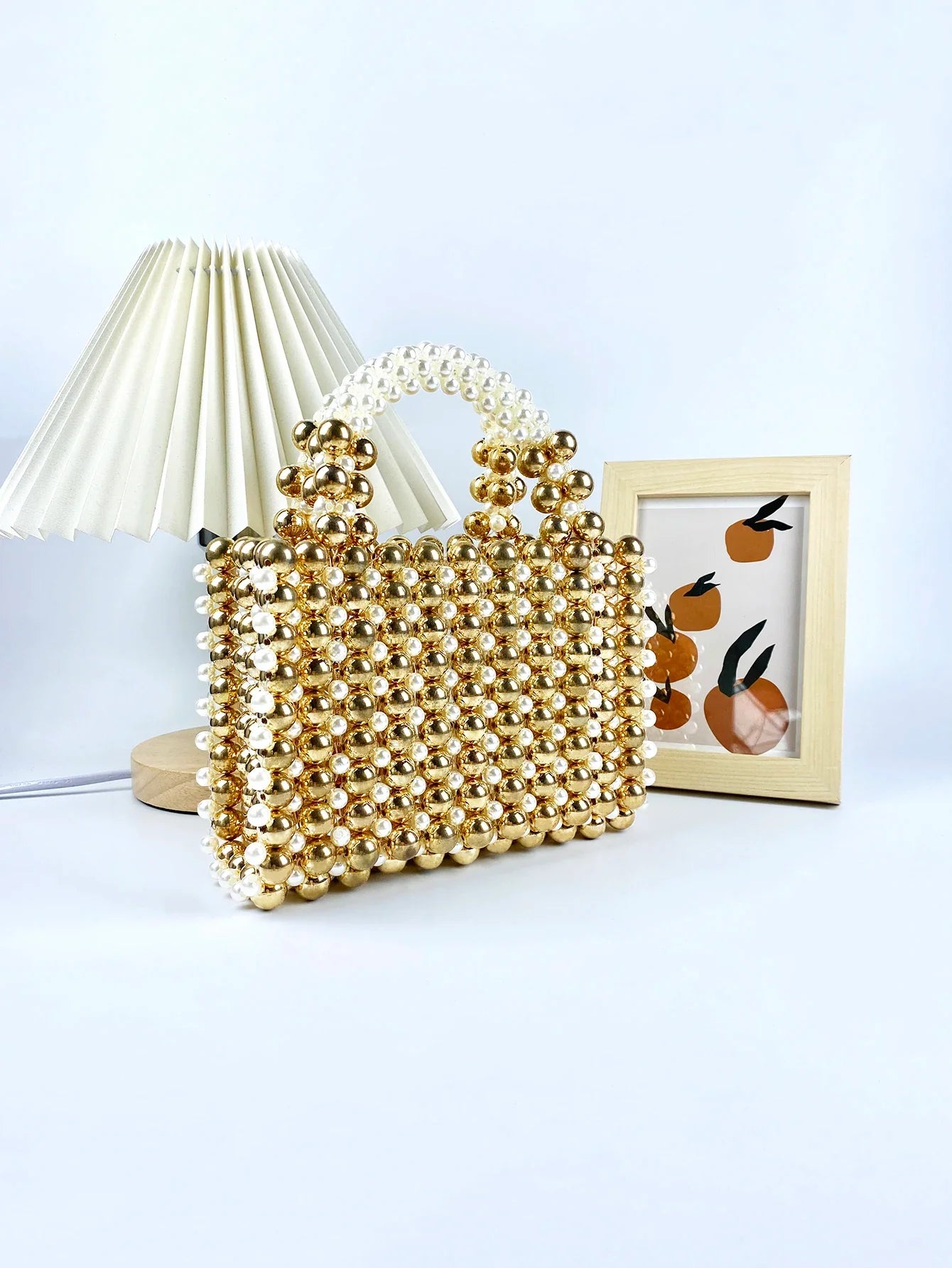 Advanced mobile phone bag with gold round beads, acrylic handheld beaded handmade women's bag, fashionable casual dinner bag