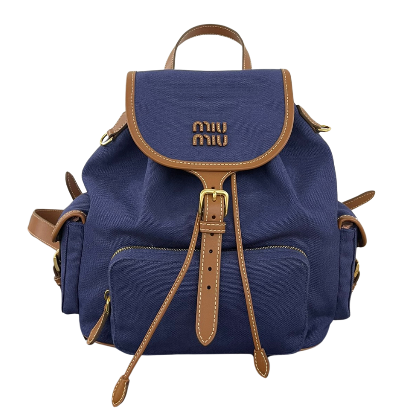 ＭＩ ＭＵ CANVAS AND LEATHER BACKPACK CORNFLOWER BLUE/BRANDY