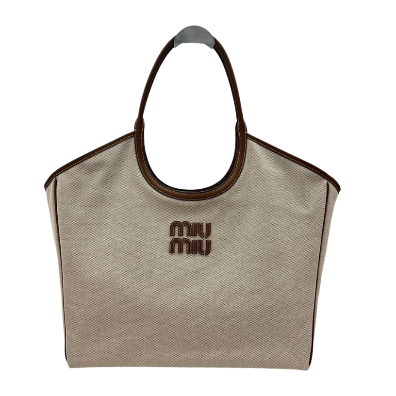 ＭＩ ＭＵ  IVY CANVAS AND LEATHER TOTE BAG BEIGE/BRANDY