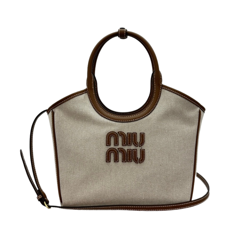 ＭＩ ＭＵ IVY CANVAS AND LEATHER TOTE BAG BEIGE/BRANDY