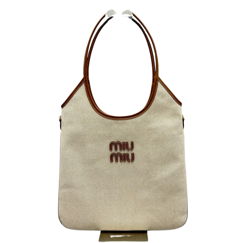 ＭＩ ＭＵ IVY CANVAS AND LEATHER TOTE BAG BEIGE/BRANDY