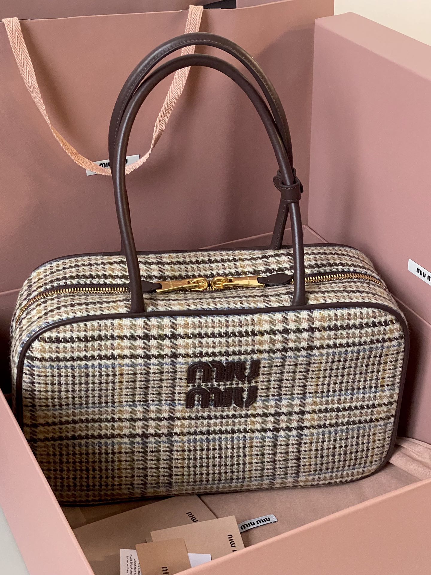 ＭＩ ＭＵ BEAU TARTAN TOP HANDLE BAG