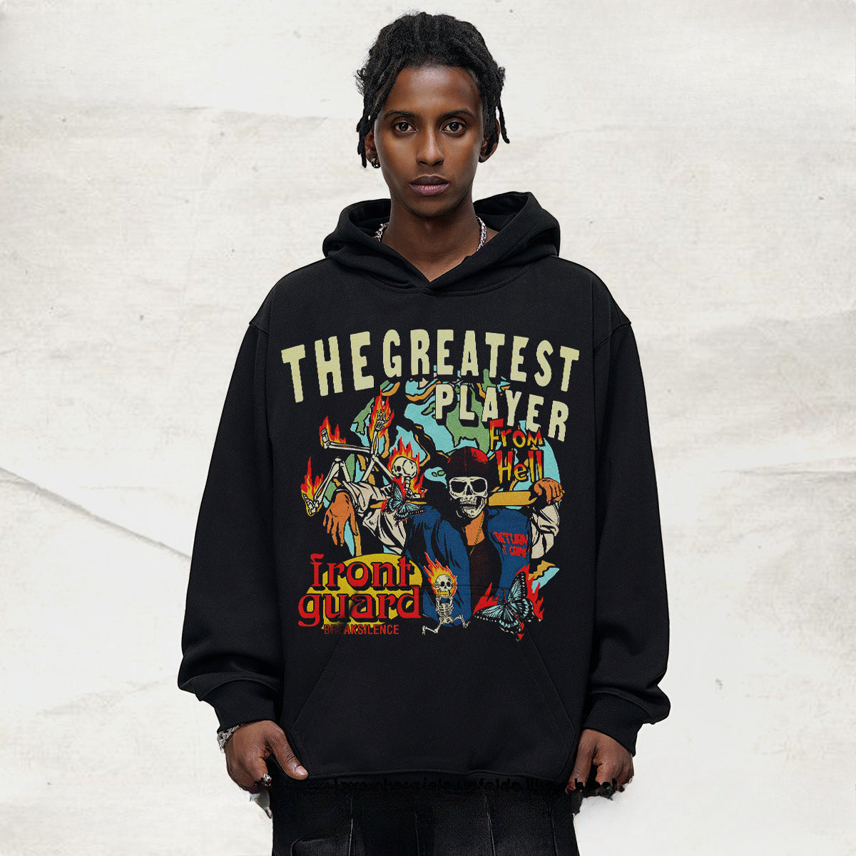 Vintage Hoodie Flame Skull Vintage Hooded Crew Neck Sweater Loose