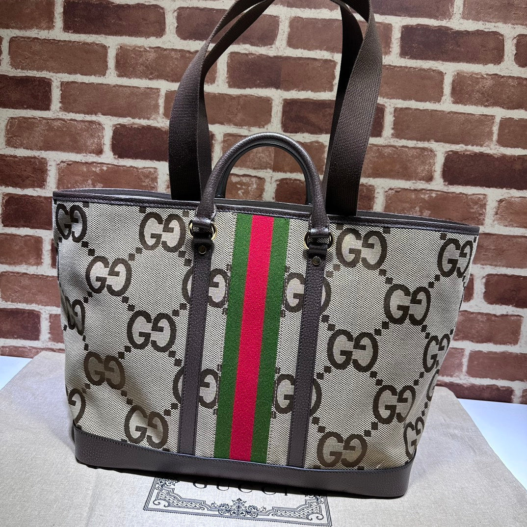 ＧＣＣＩGG JUMBO LEATHER-TRIMMED CANVAS-JACQUARD TOTE