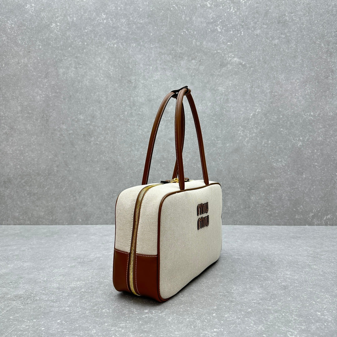 ＭＩ ＭＵ BEAU CANVAS AND LEATHER BAG BEIGE/BRANDY