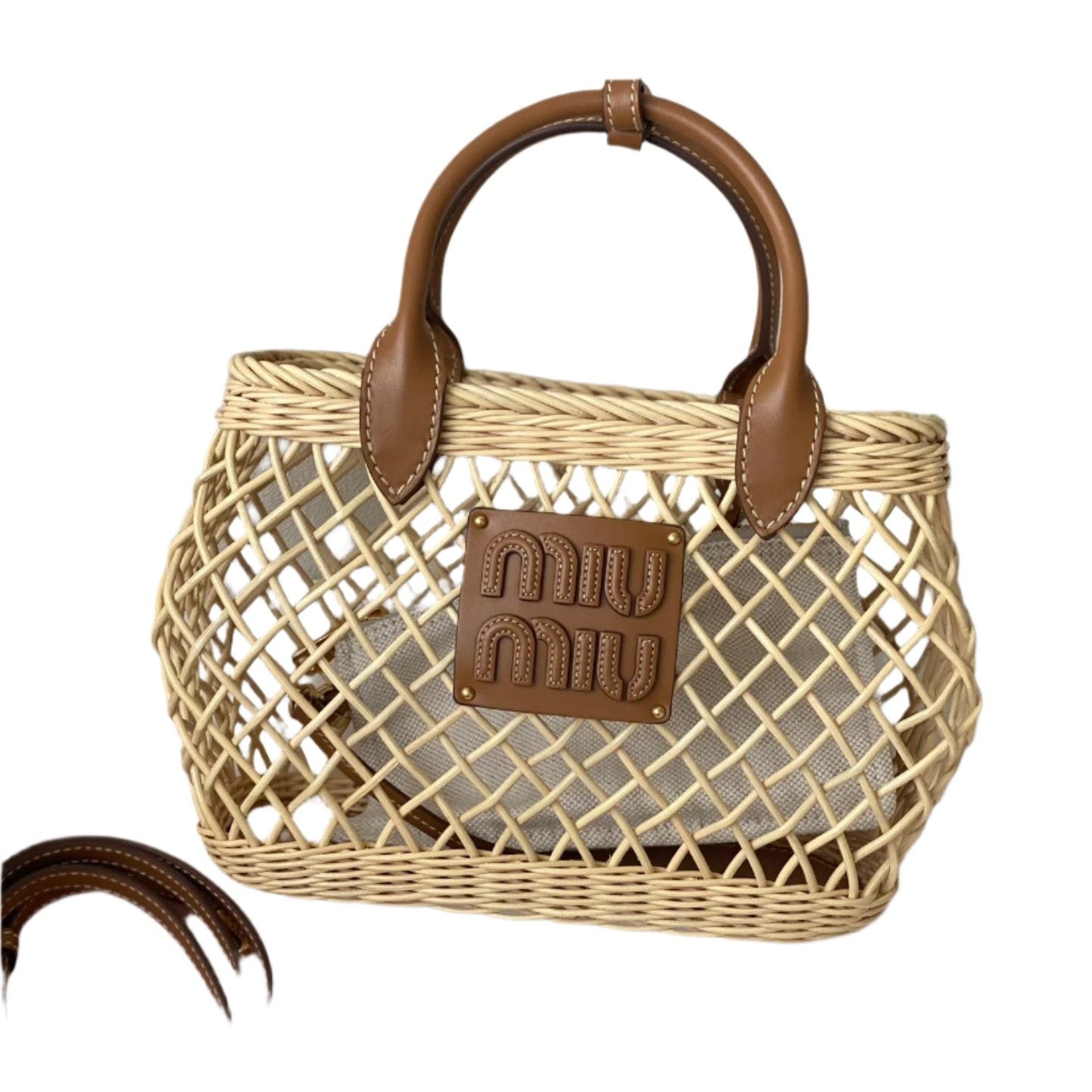ＭＩ ＭＵ WOVEN FABRIC HANDBAG WITH LEATHER TRIM