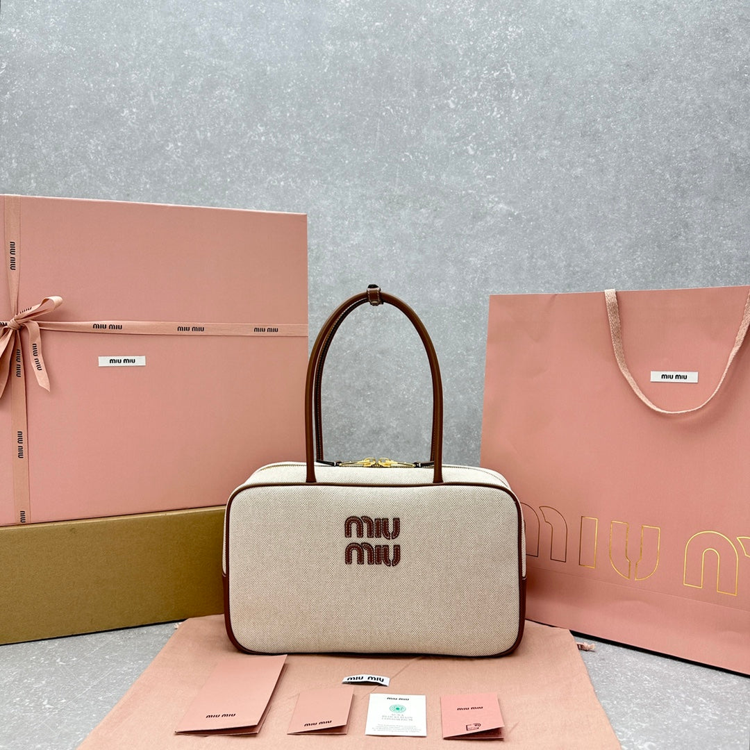 ＭＩ ＭＵ BEAU CANVAS AND LEATHER BAG BEIGE/BRANDY