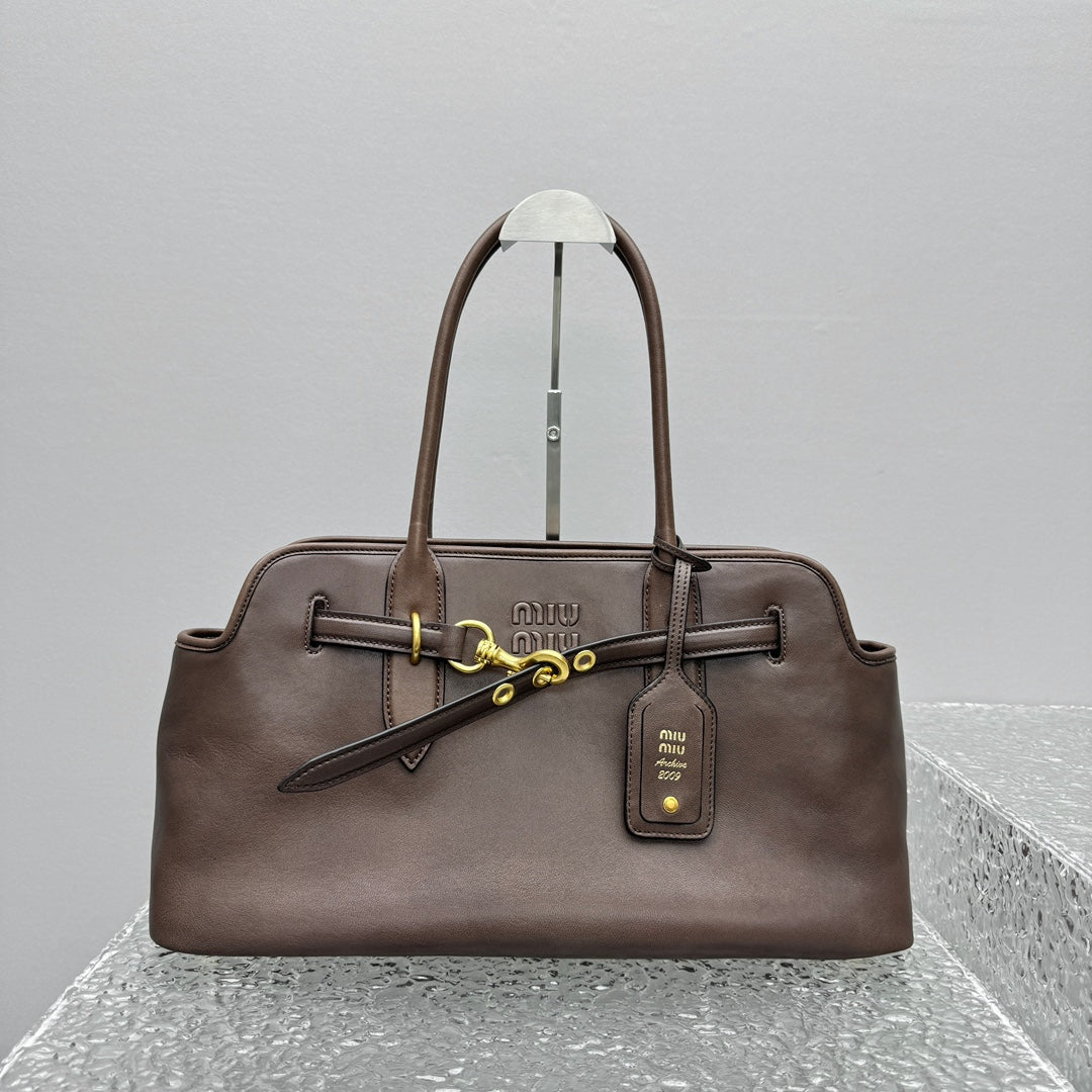 ＭＩ ＭＵ AVENTURE LEATHER TOTE BAG DARK BROWN