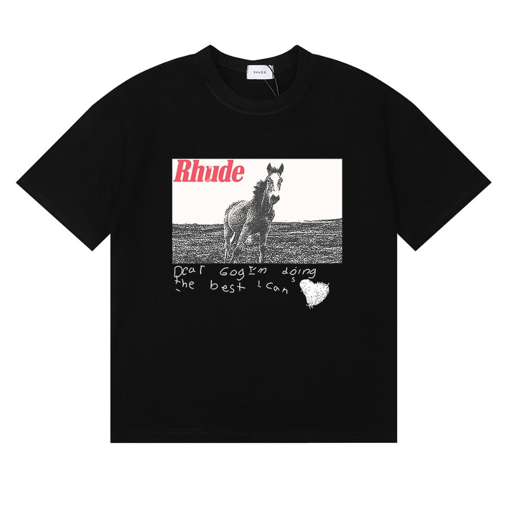 Rhude T Shirt Micro Label Alphabet Horse Print Short Sleeve T-Shirt