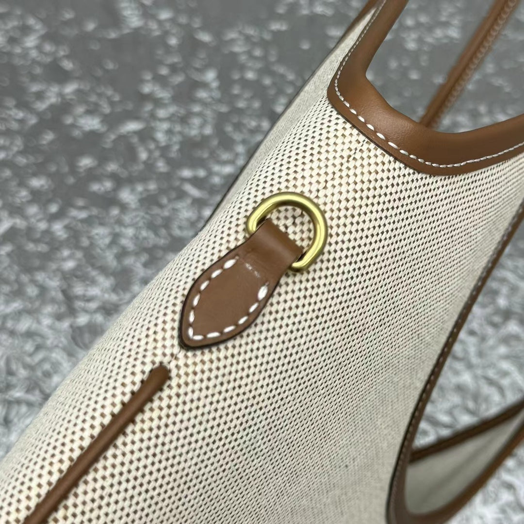 ＭＩ ＭＵ IVY CANVAS AND LEATHER TOTE BAG BEIGE/BRANDY