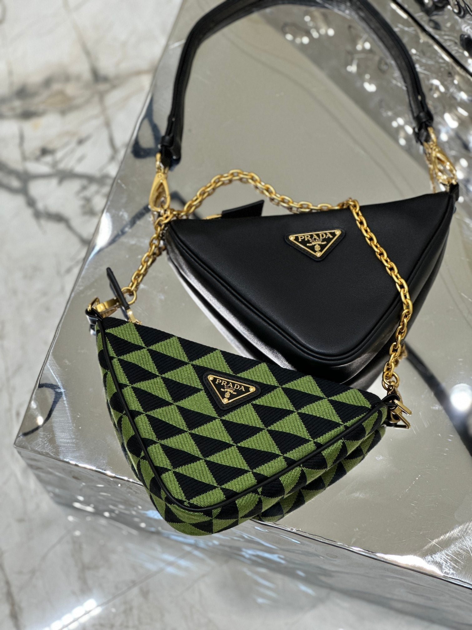 ＰＲＤＡ TRIANGLE-LOGO LEATHER AND JACQUARD SHOULDER BAG GREEN