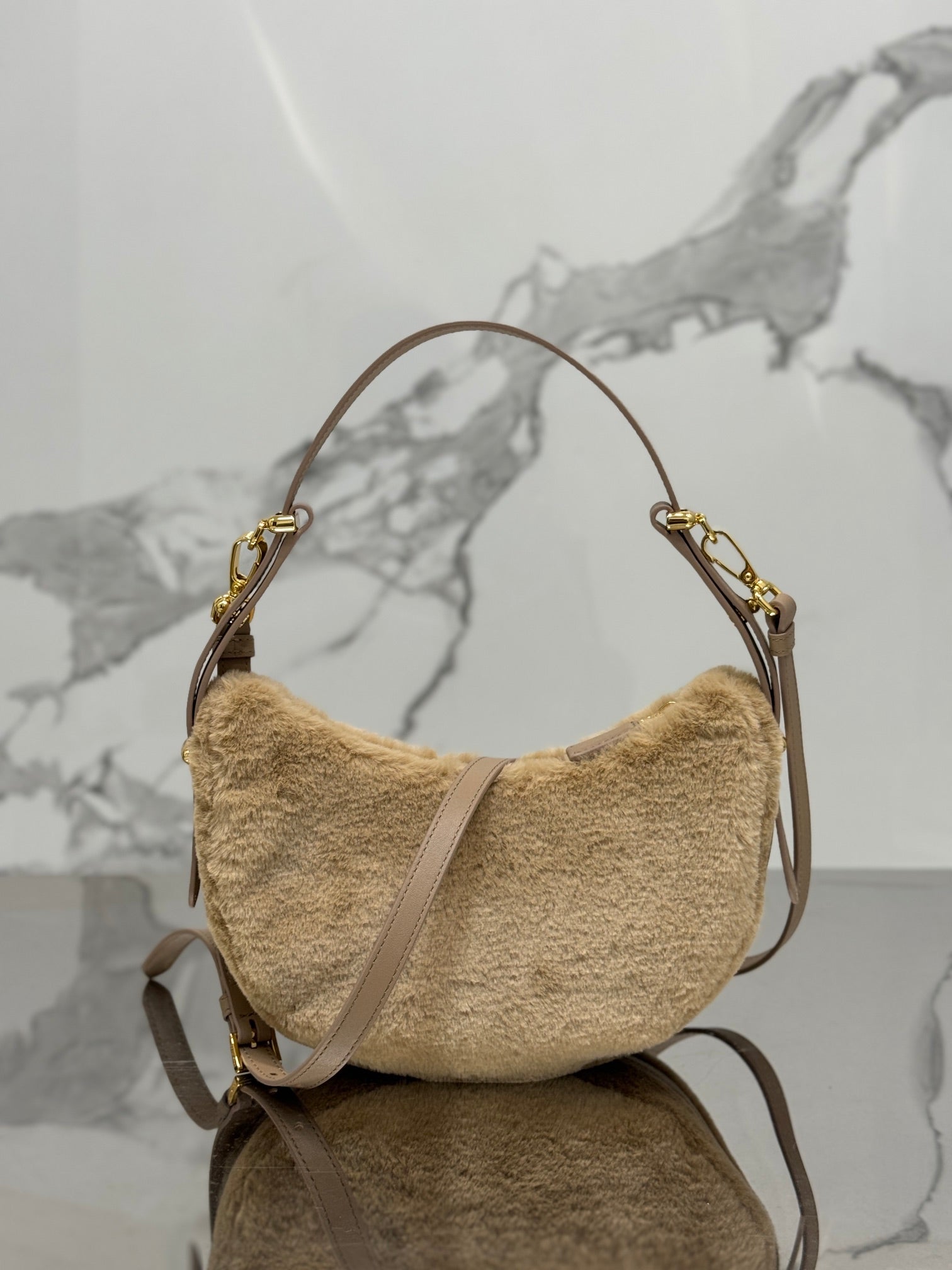 ＰＲＤＡ ARQUÉ SHEARLING AND LEATHER SHOULDER BAG
