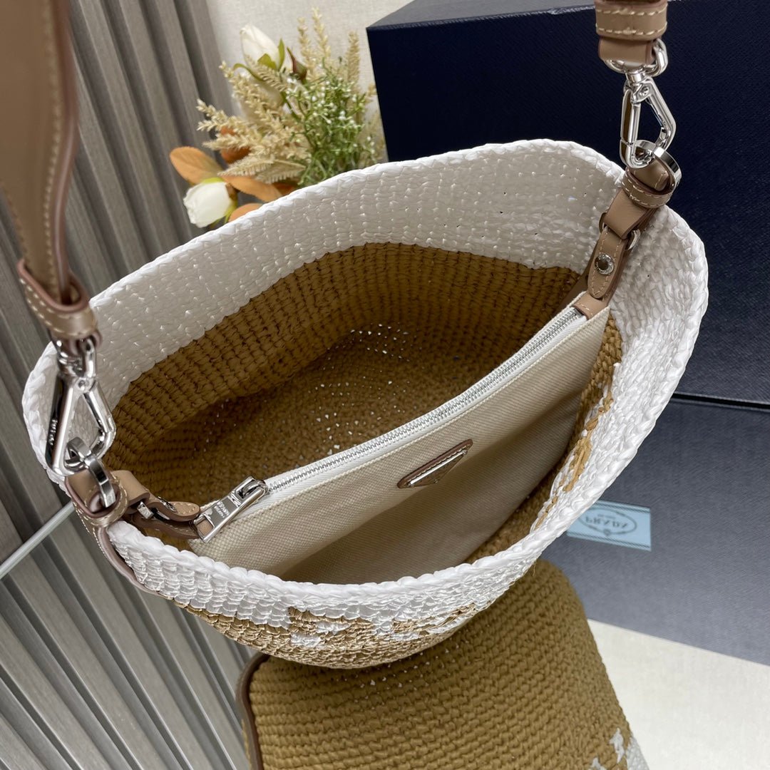 ＰＲＤＡ CROCHET AND LEATHER MINI-BUCKET BAG