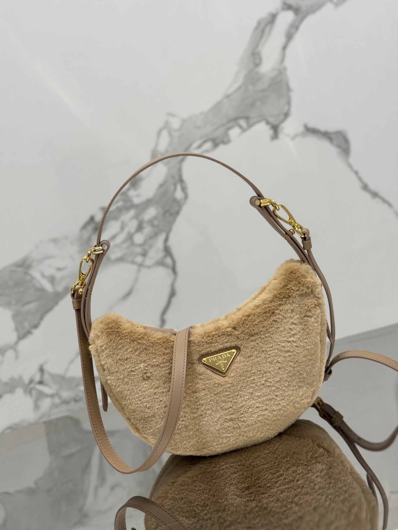 ＰＲＤＡ ARQUÉ SHEARLING AND LEATHER SHOULDER BAG