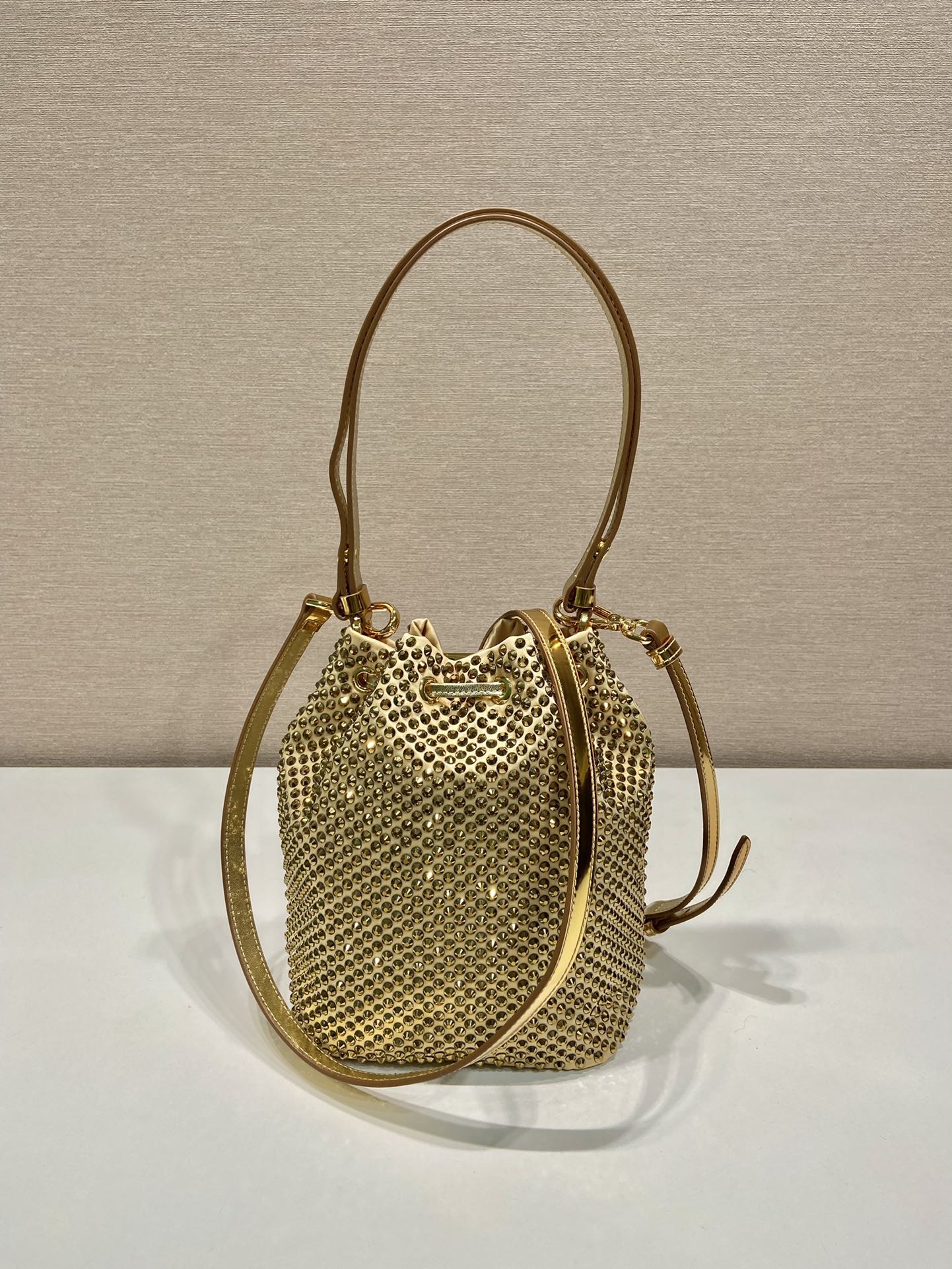 ＰＲＤＡ SATIN BAG WITH CRYSTALS GOLD