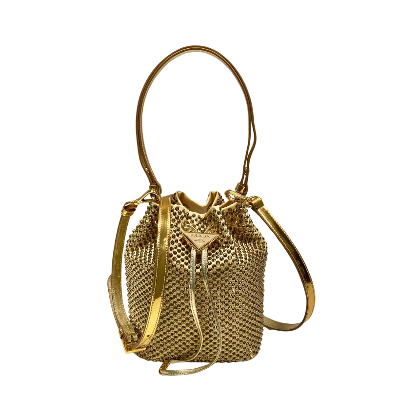 ＰＲＤＡ SATIN BAG WITH CRYSTALS GOLD