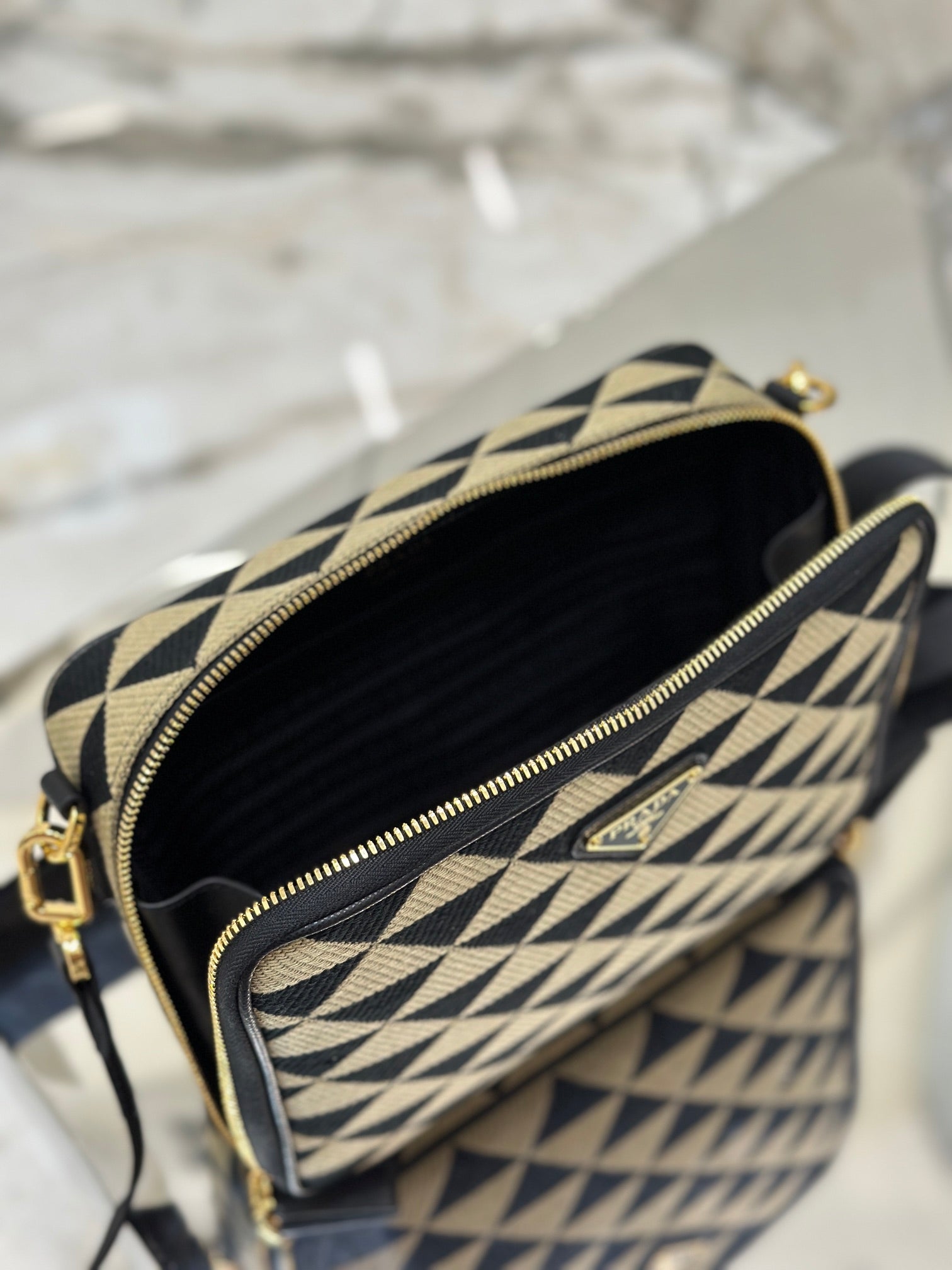 ＰＲＤＡ SYMBOLE EMBROIDERED FABRIC BAG BLACK/BEIGE