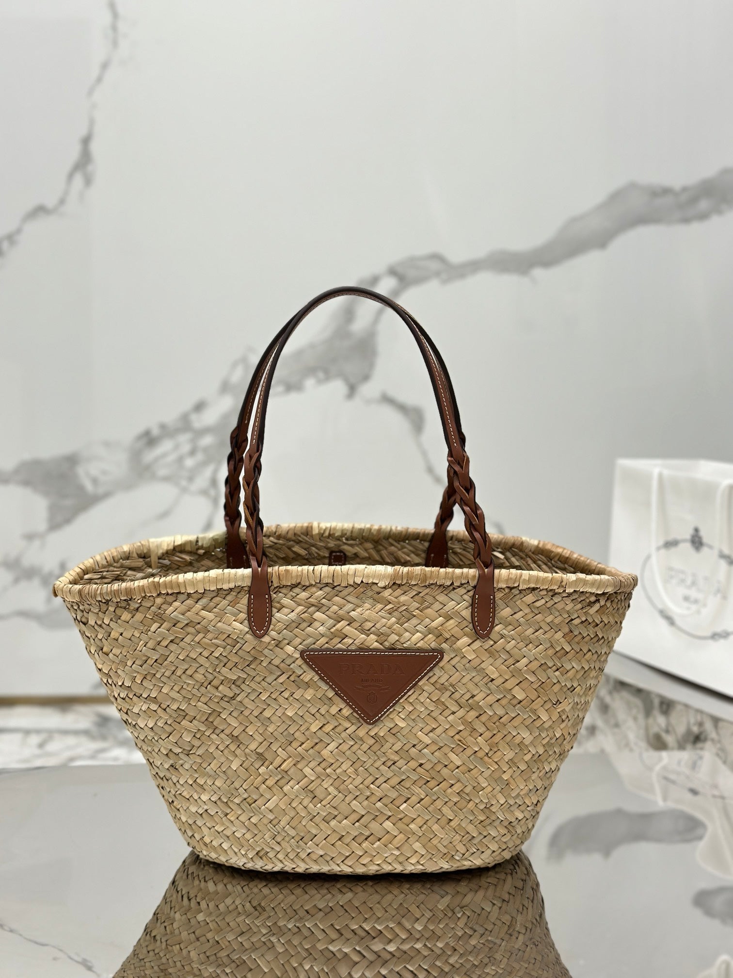 ＰＲＤＡ WOVEN PALM AND LEATHER TOTE BAG