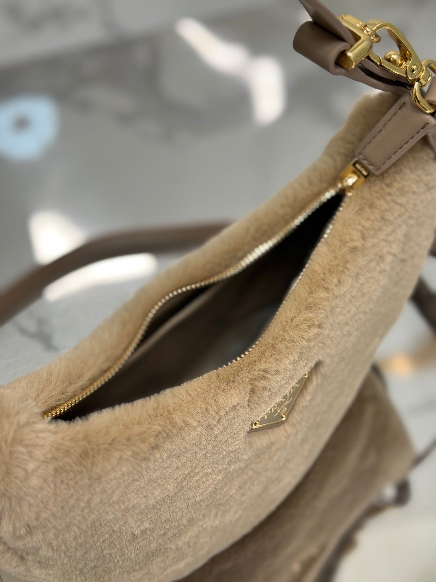 ＰＲＤＡ ARQUÉ SHEARLING AND LEATHER SHOULDER BAG