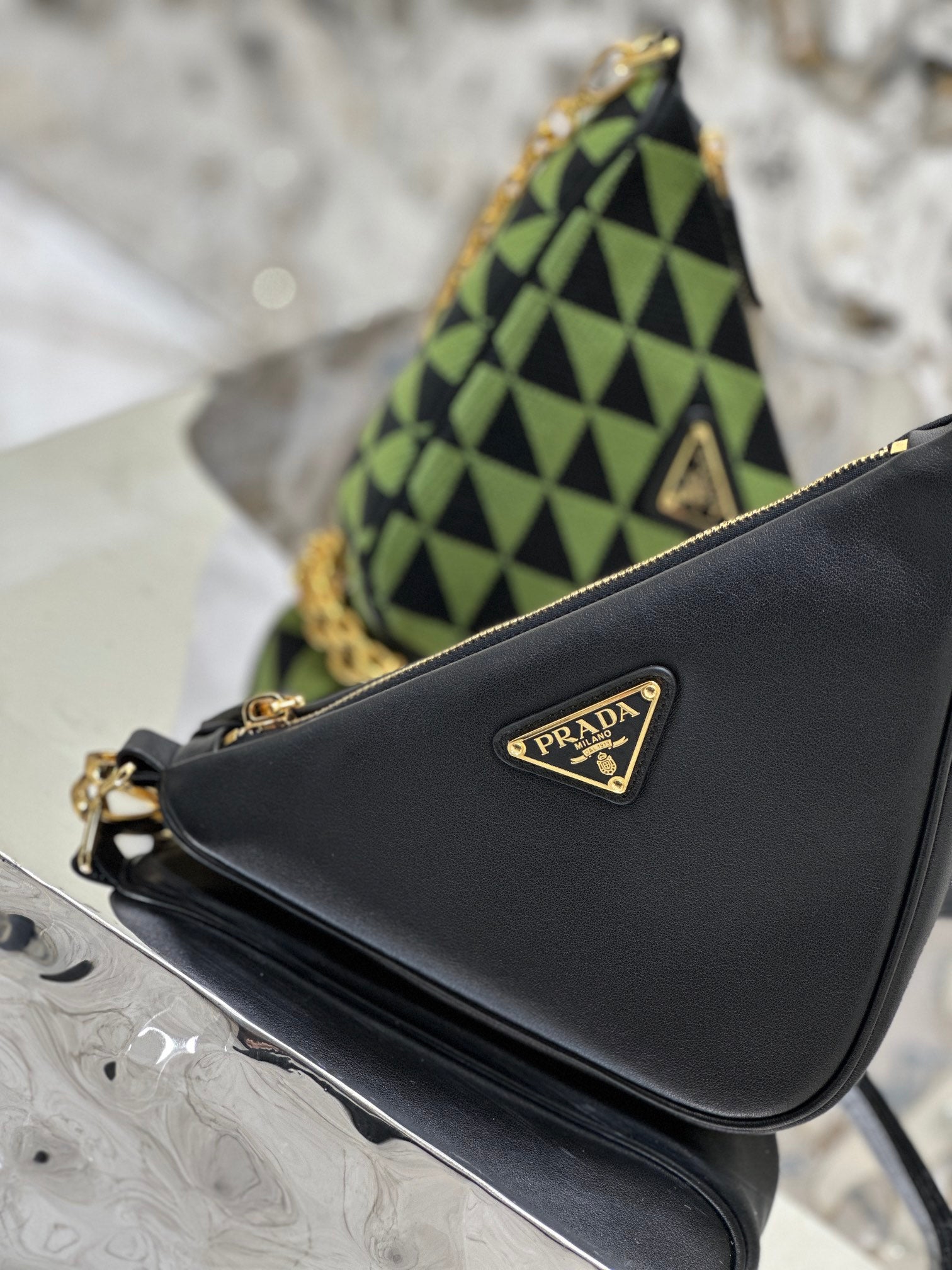 ＰＲＤＡ TRIANGLE-LOGO LEATHER AND JACQUARD SHOULDER BAG GREEN