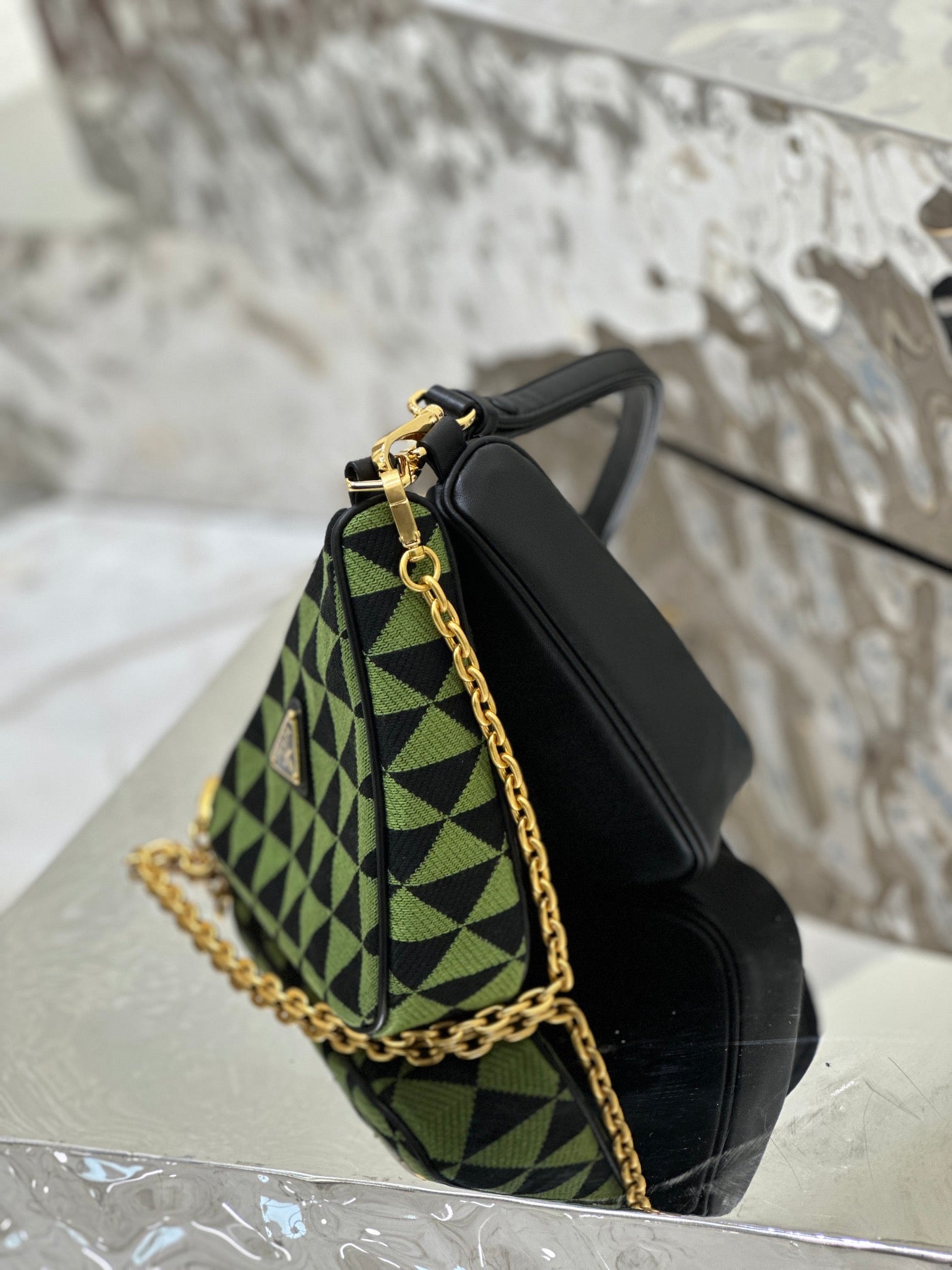 ＰＲＤＡ TRIANGLE-LOGO LEATHER AND JACQUARD SHOULDER BAG GREEN