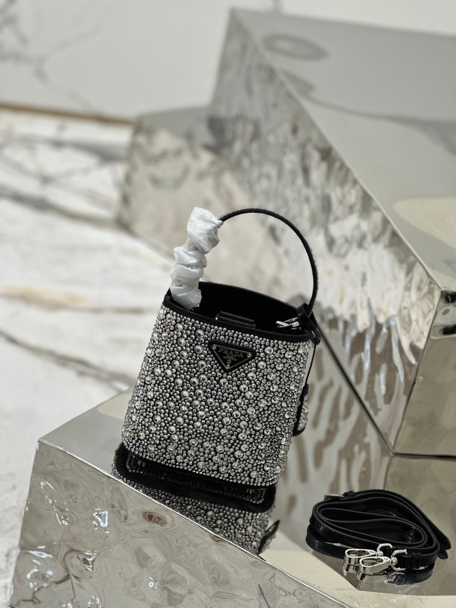 ＰＲＤＡ PANIER SATIN BAG WITH CRYSTALS