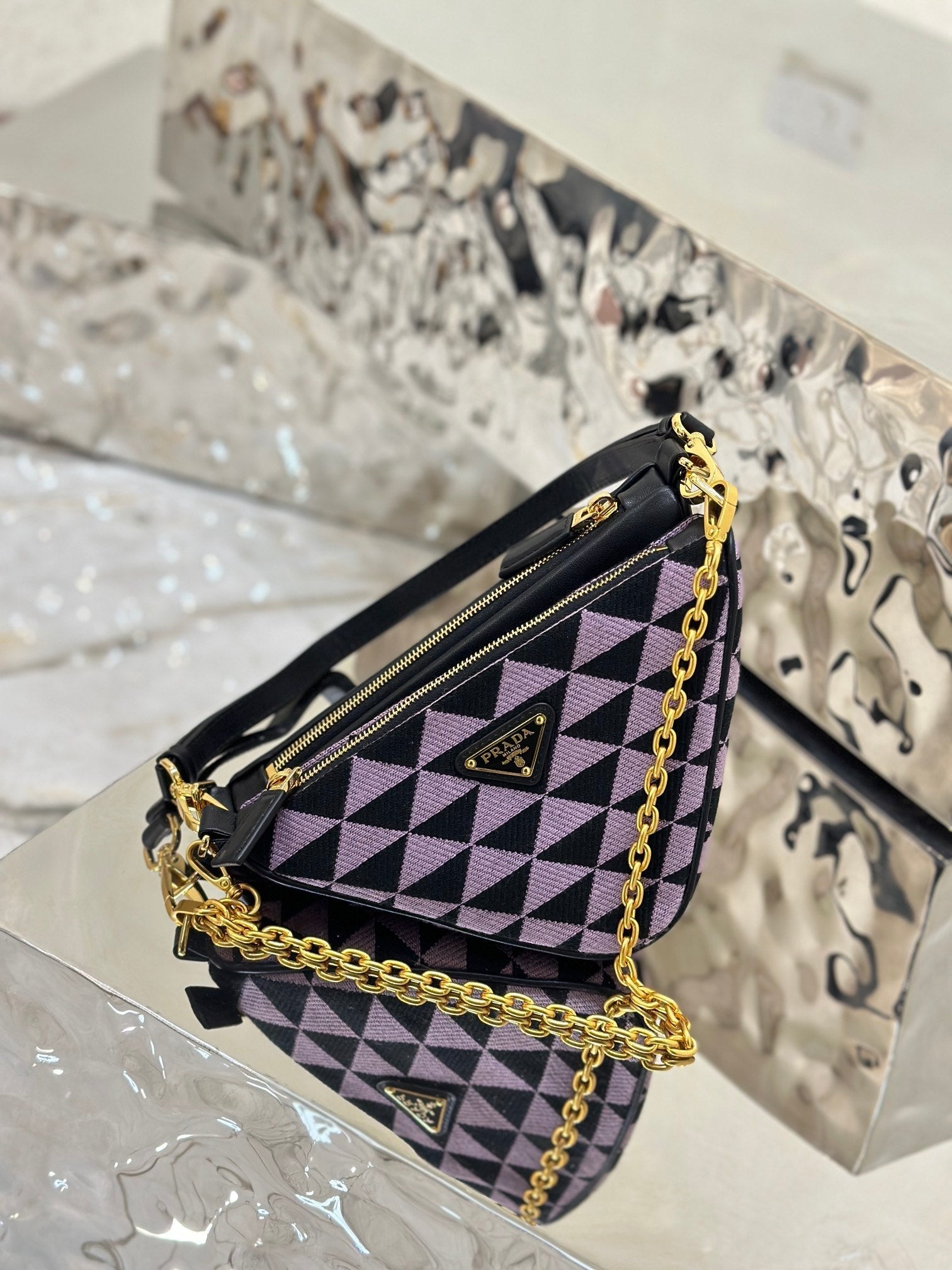 ＰＲＤＡ TRIANGLE-LOGO LEATHER AND JACQUARD SHOULDER BAG PURPLE