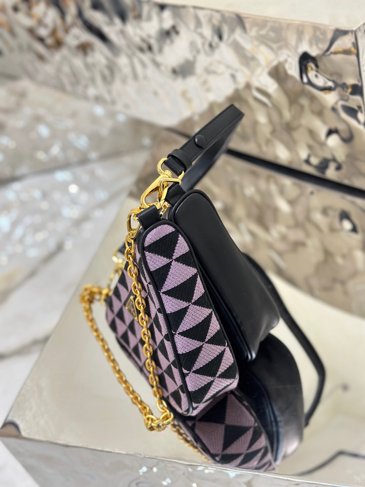 ＰＲＤＡ TRIANGLE-LOGO LEATHER AND JACQUARD SHOULDER BAG PURPLE