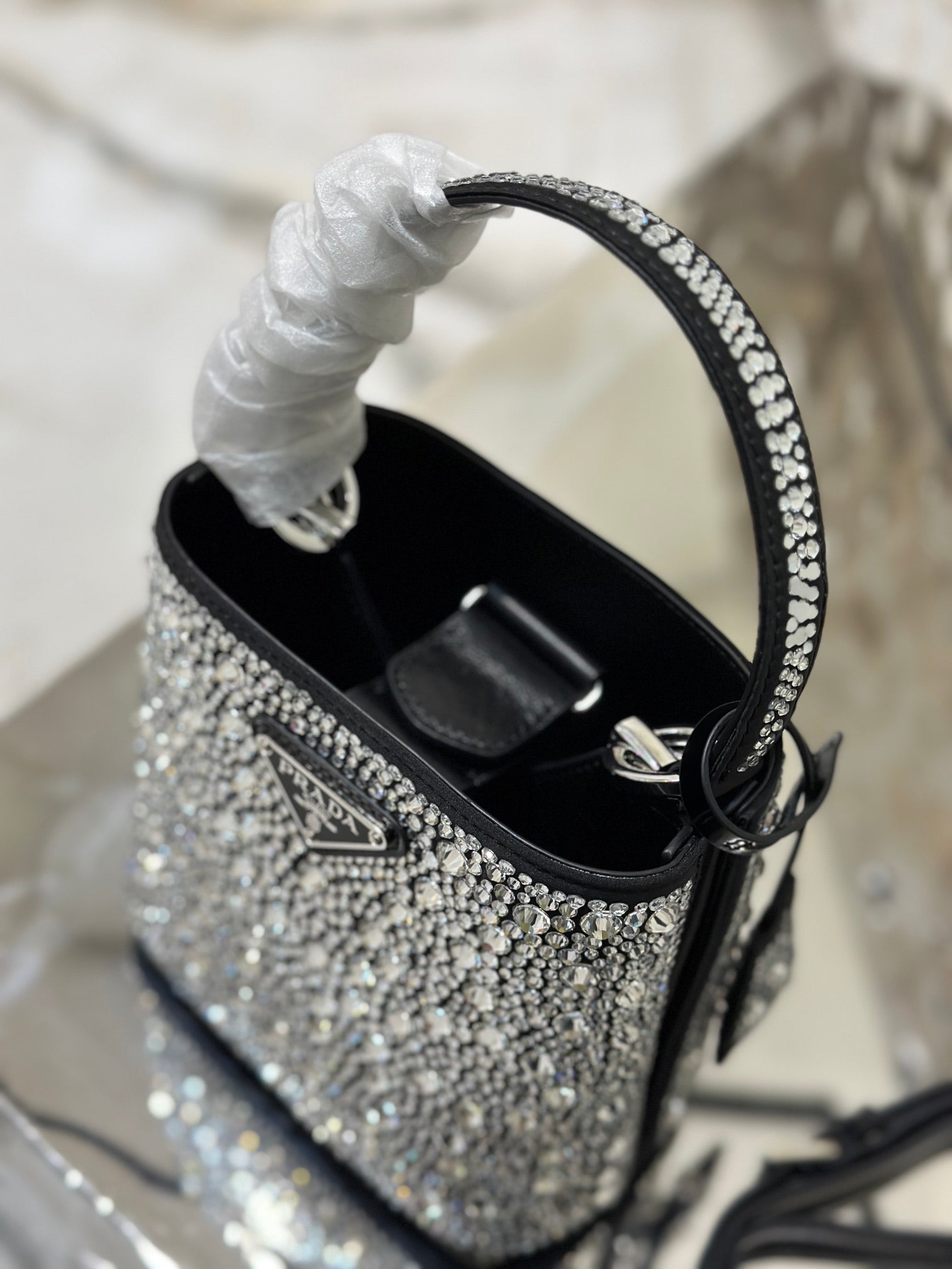 ＰＲＤＡ PANIER SATIN BAG WITH CRYSTALS