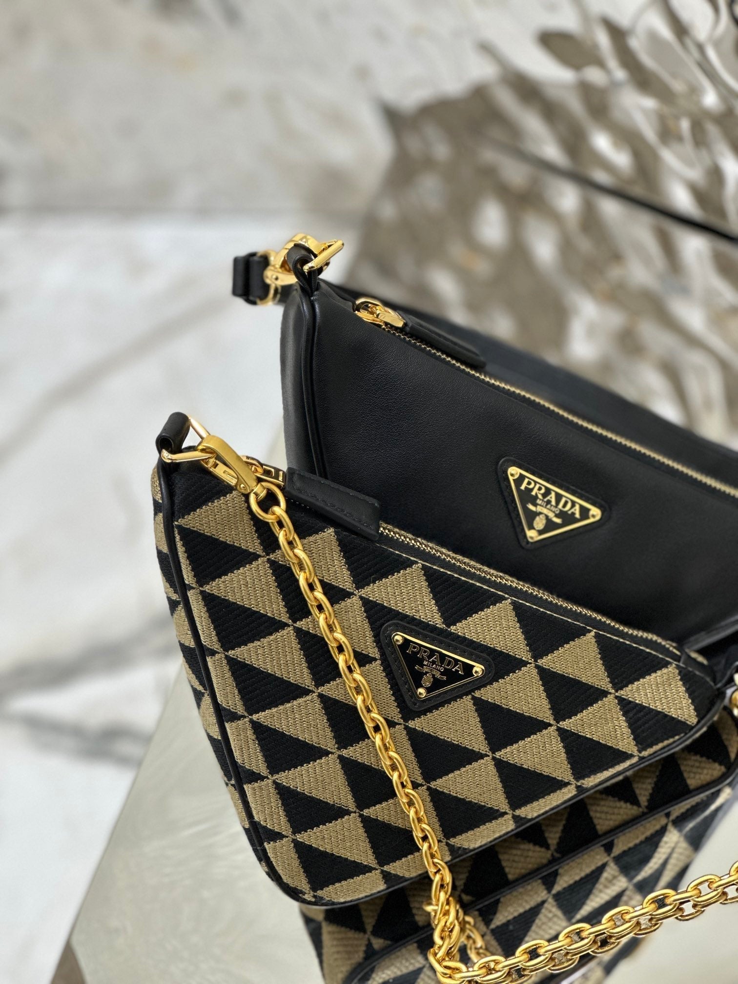 ＰＲＤＡ TRIANGLE-LOGO LEATHER AND JACQUARD SHOULDER BAG BEGIE