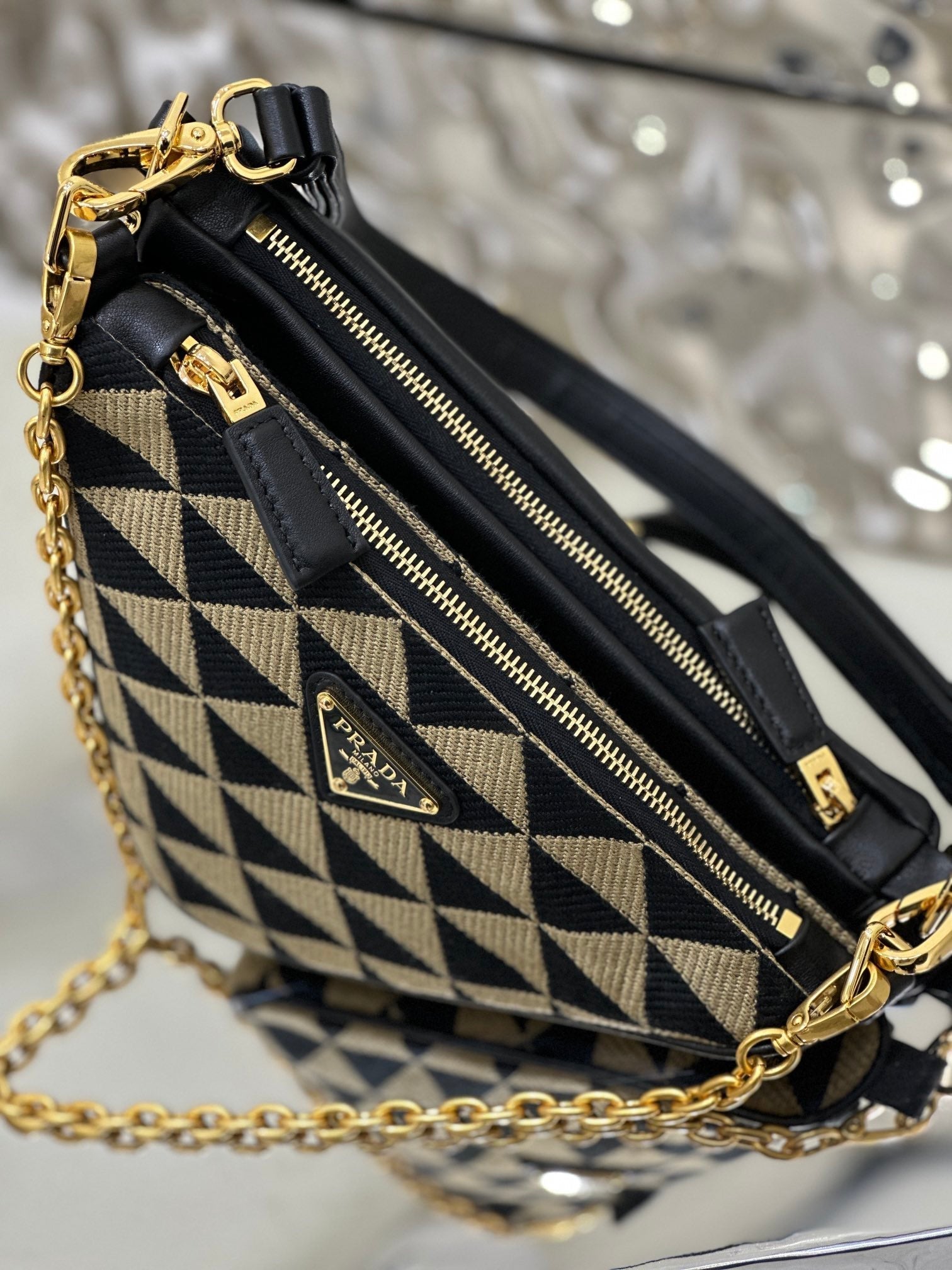 ＰＲＤＡ TRIANGLE-LOGO LEATHER AND JACQUARD SHOULDER BAG BEGIE