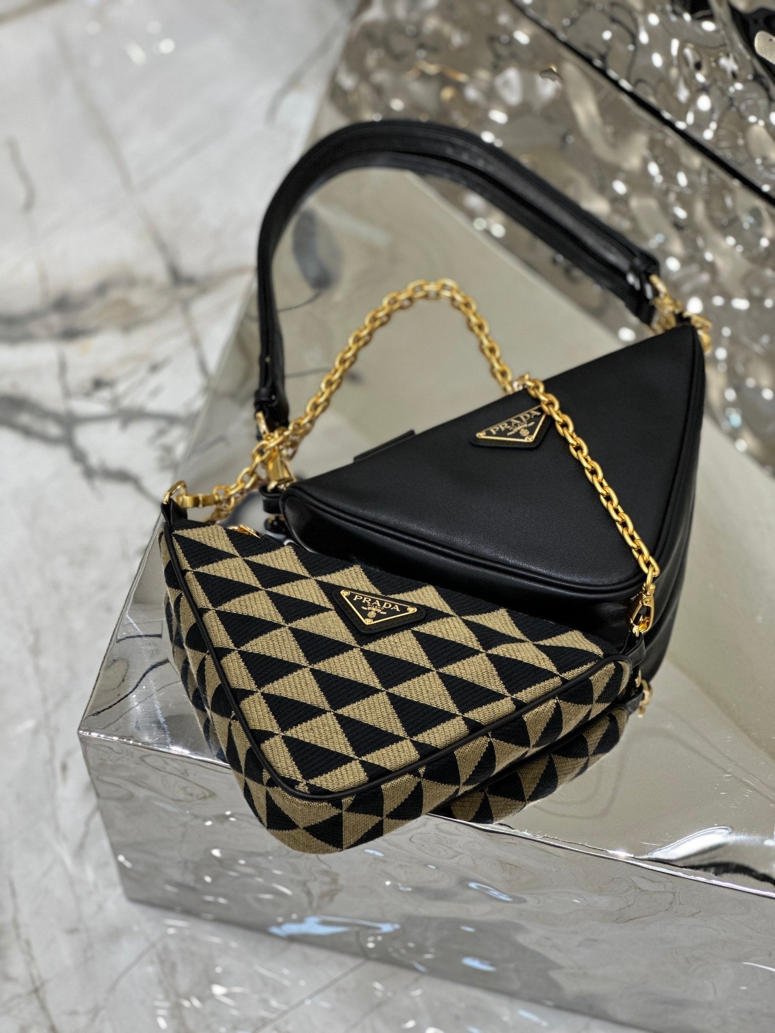 ＰＲＤＡ TRIANGLE-LOGO LEATHER AND JACQUARD SHOULDER BAG BEGIE