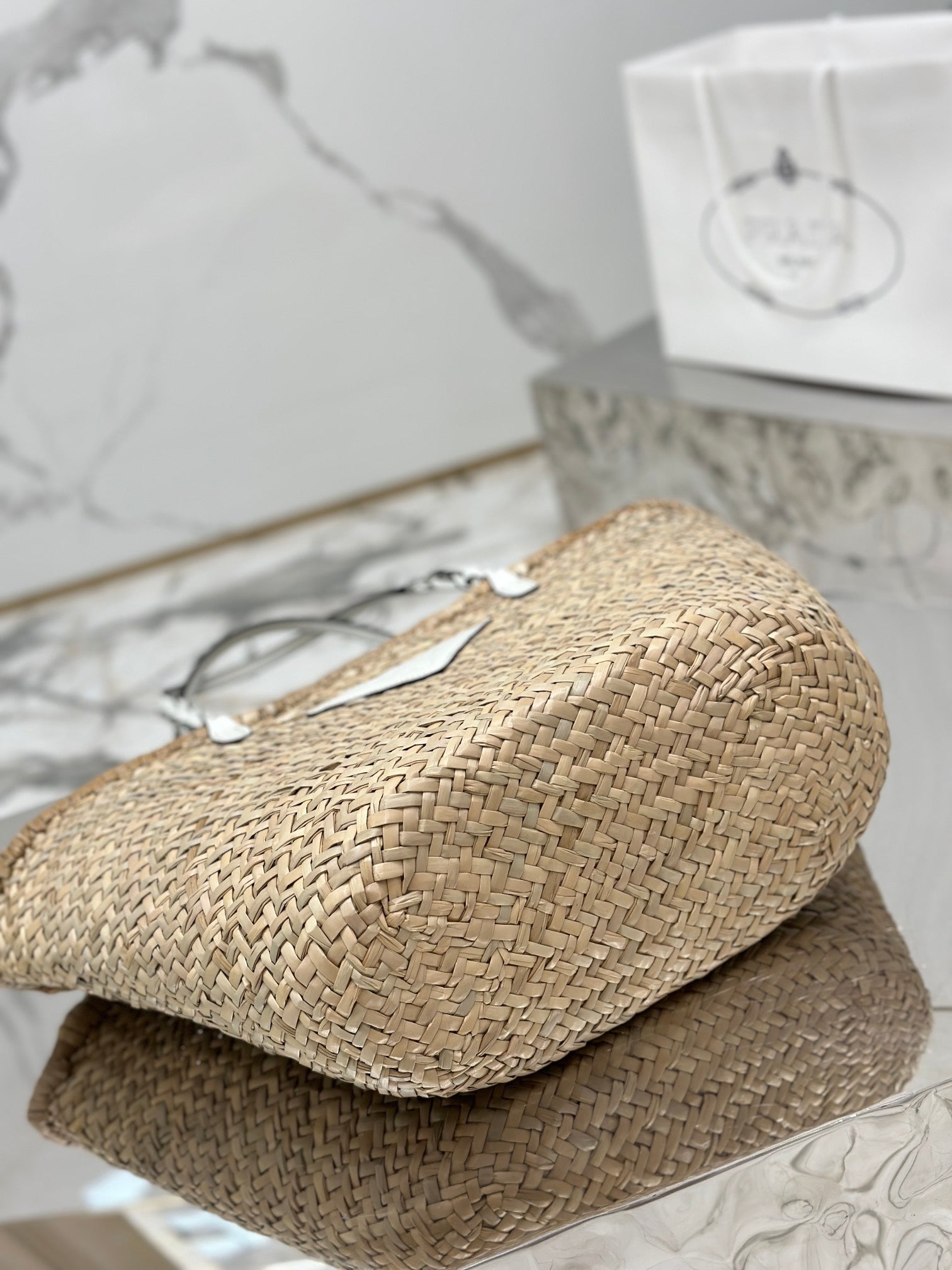 ＰＲＤＡ WOVEN PALM AND LEATHER TOTE BAG