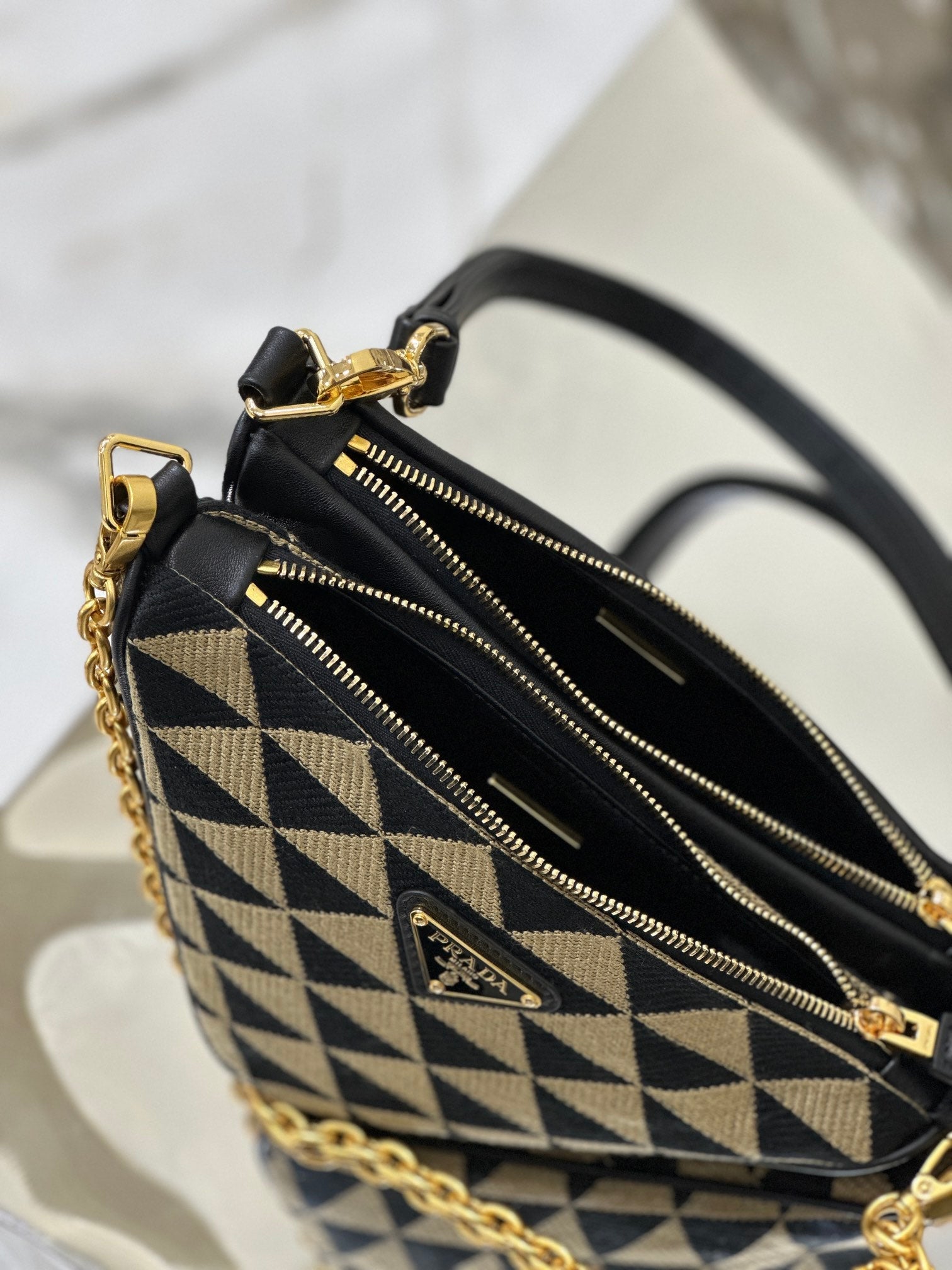 ＰＲＤＡ TRIANGLE-LOGO LEATHER AND JACQUARD SHOULDER BAG BEGIE