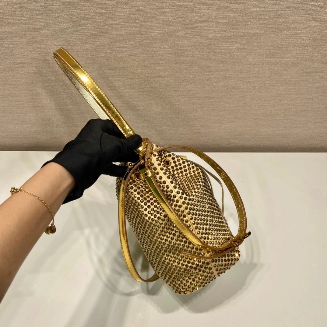 ＰＲＤＡ SATIN BAG WITH CRYSTALS GOLD