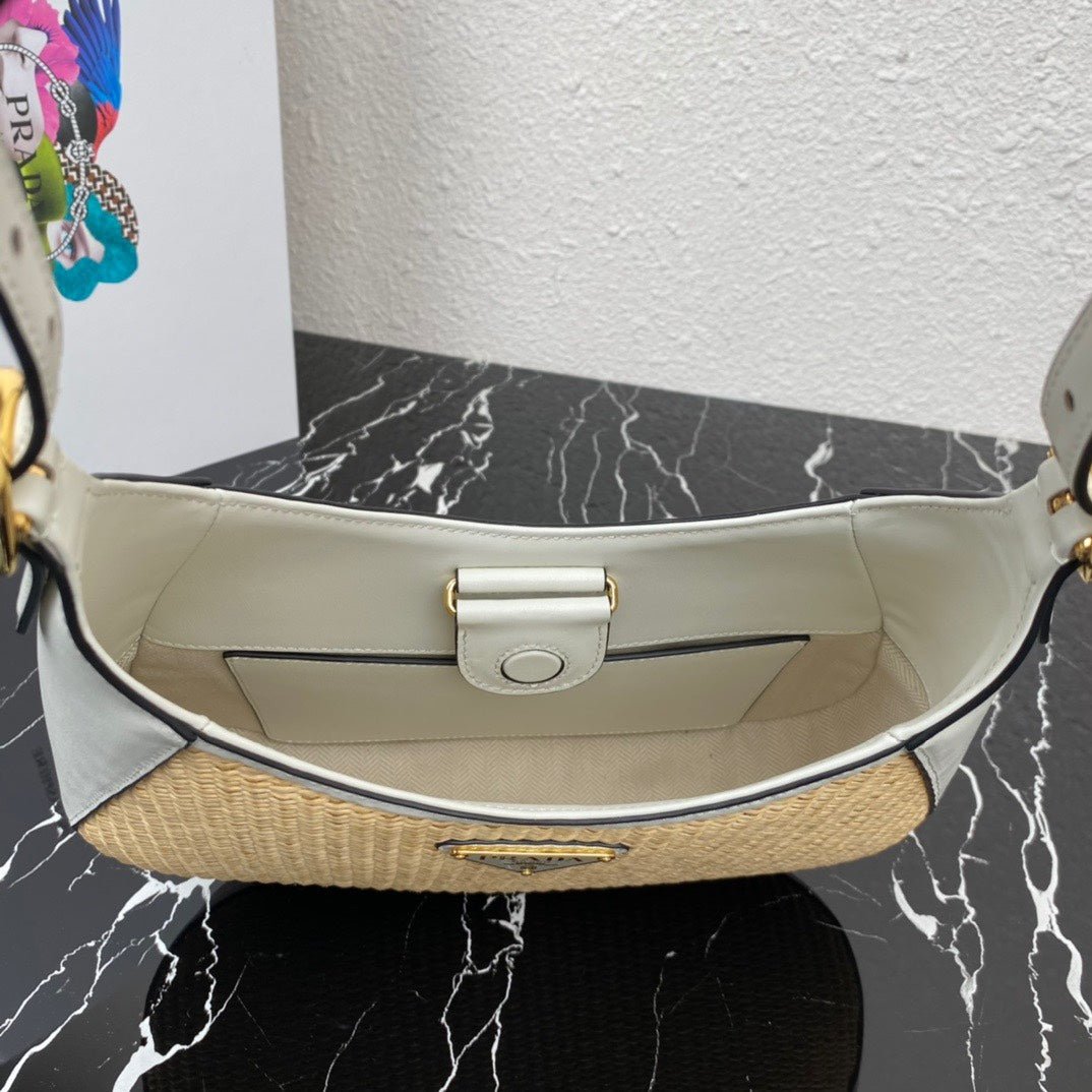 ＰＲＤＡ WOVEN TOTE WITH LEATHER ACCENTS WHITE