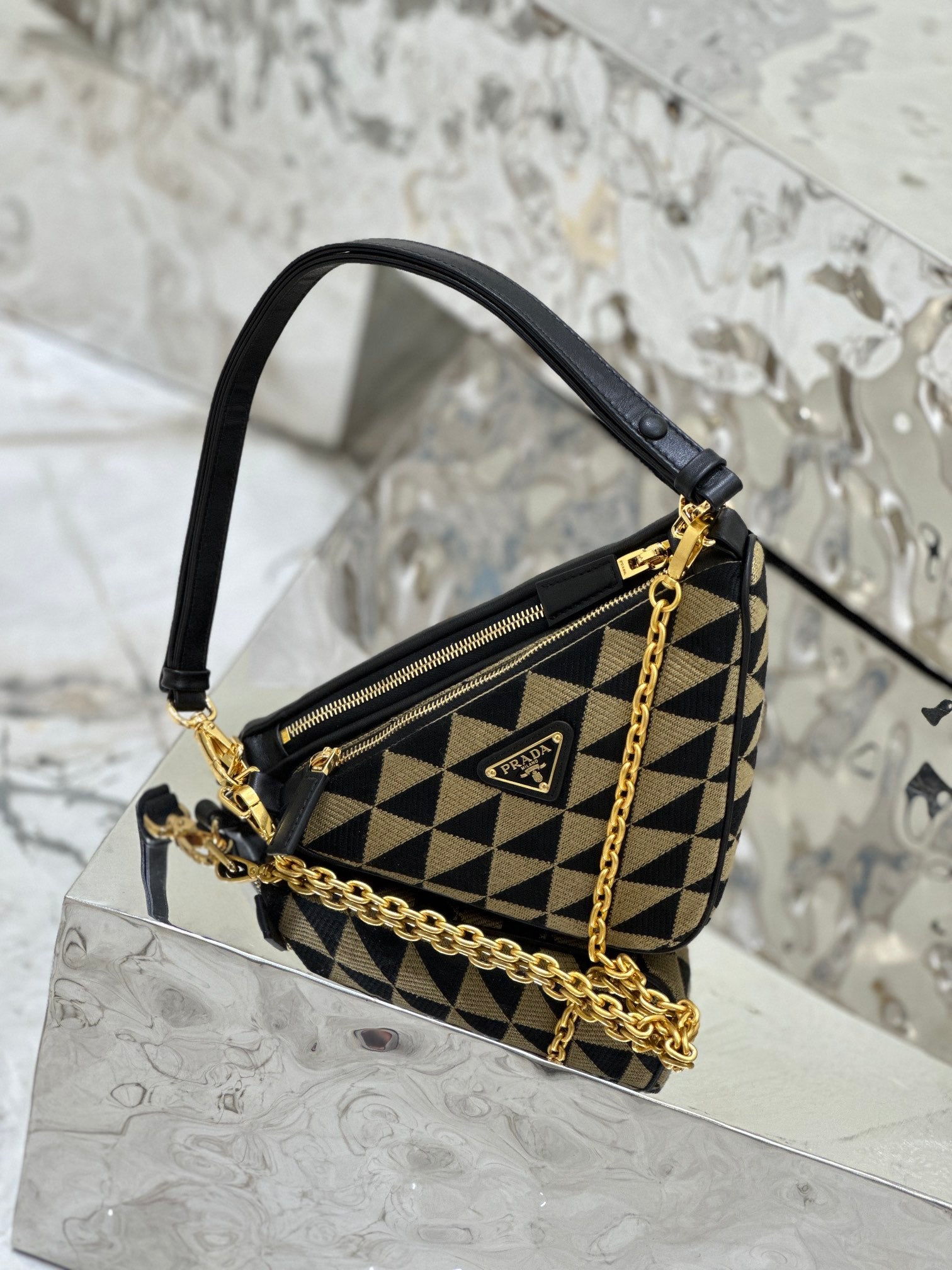 ＰＲＤＡ TRIANGLE-LOGO LEATHER AND JACQUARD SHOULDER BAG BEGIE