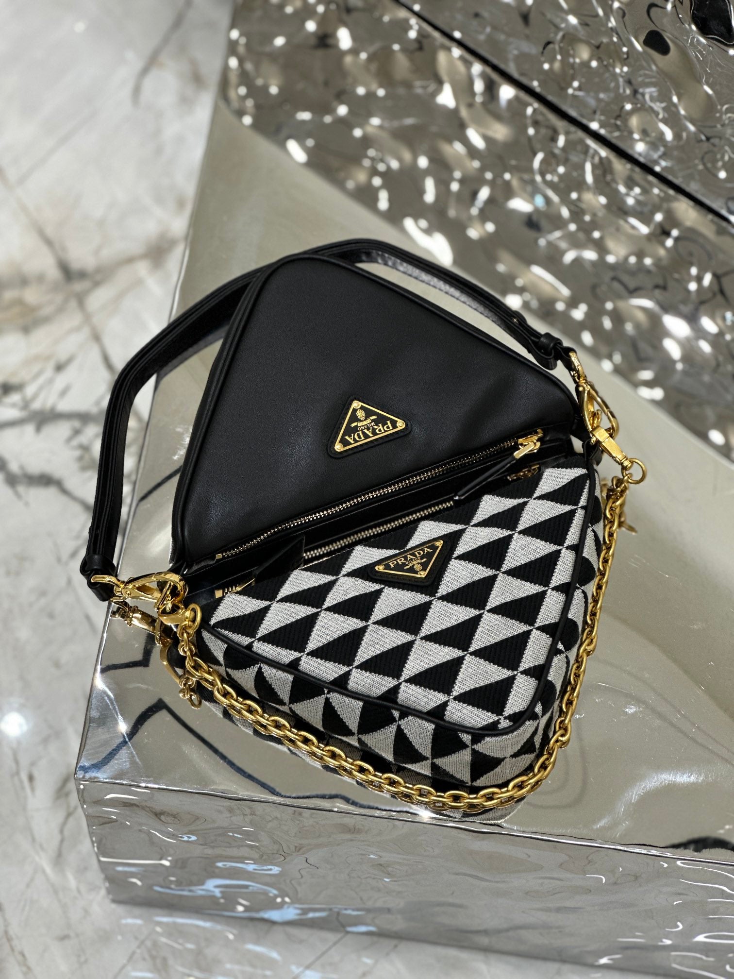 ＰＲＤＡ TRIANGLE-LOGO LEATHER AND JACQUARD SHOULDER BAG WHITE