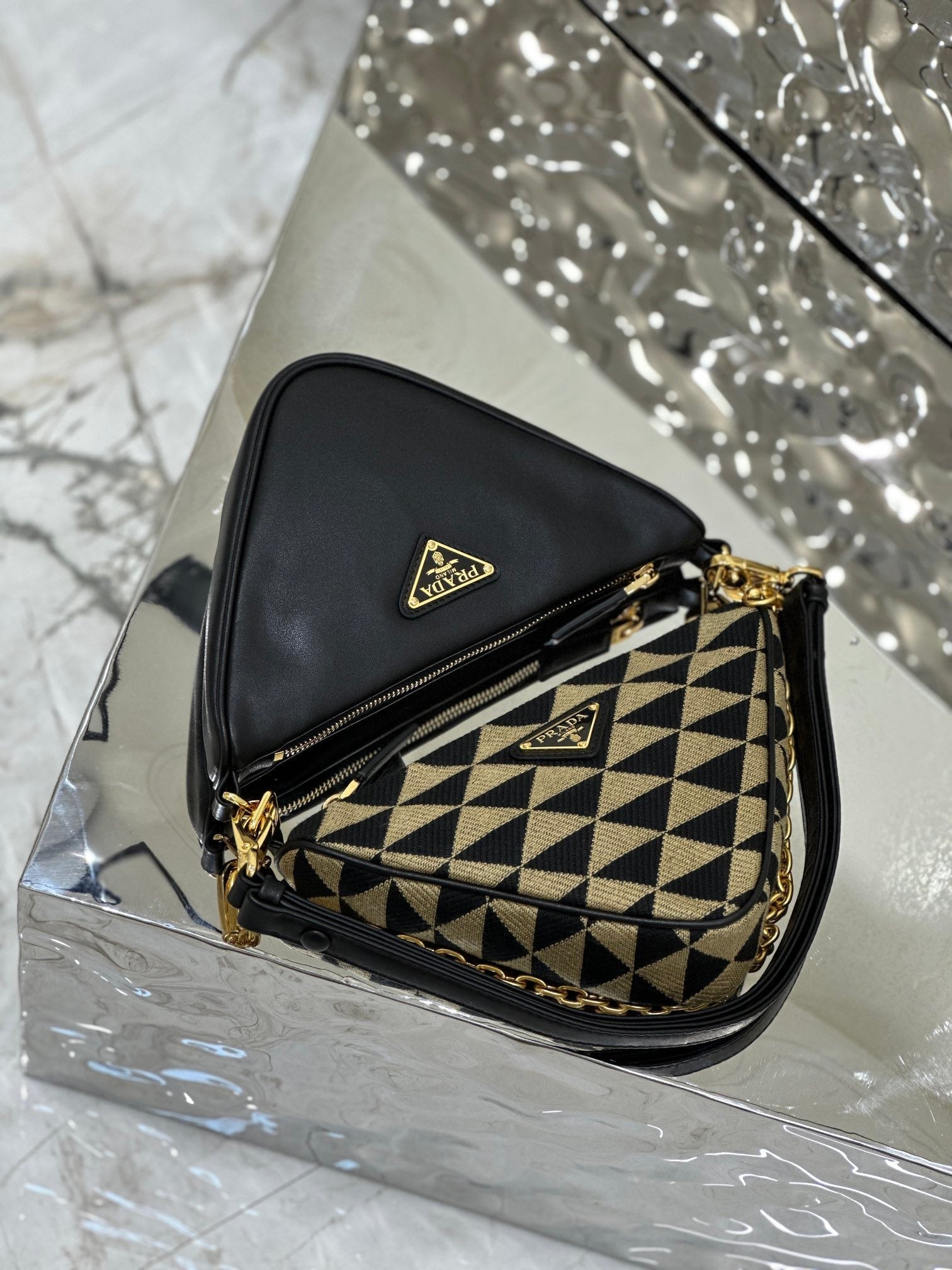 ＰＲＤＡ TRIANGLE-LOGO LEATHER AND JACQUARD SHOULDER BAG BEGIE
