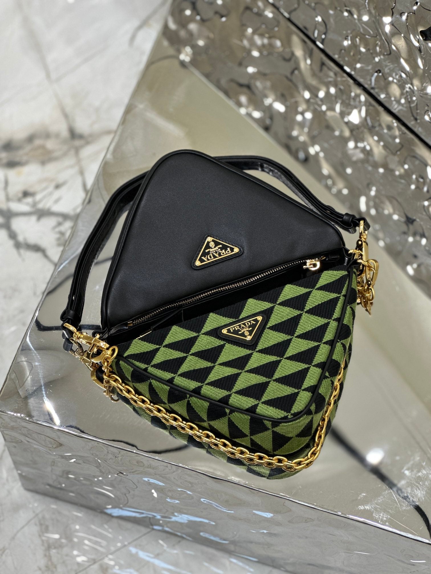 ＰＲＤＡ TRIANGLE-LOGO LEATHER AND JACQUARD SHOULDER BAG GREEN